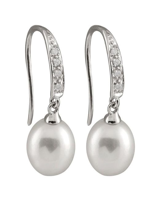 Splendid White Rhodium Plated Silver 9-9.5mm Pearl Drop Earrings