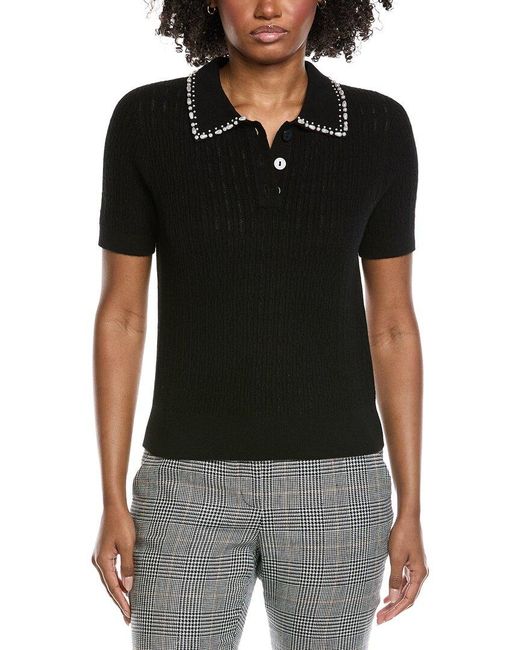 Tahari Black Collar Rib Cashmere Polo Sweater