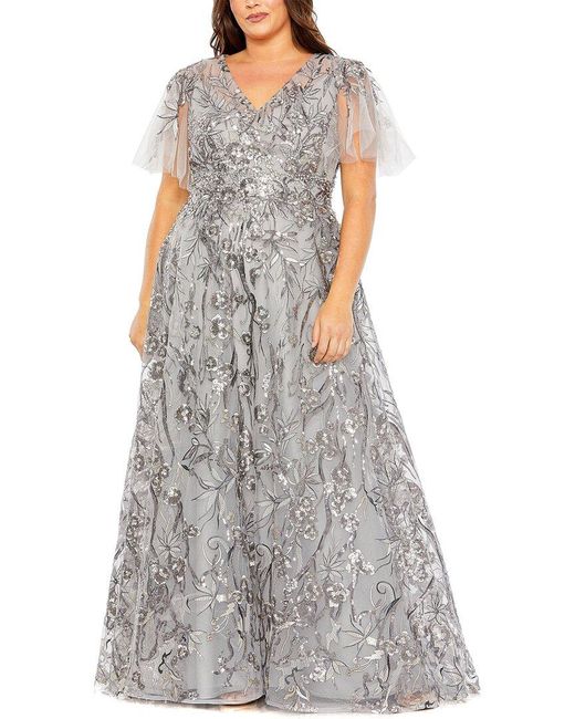 Mac Duggal Gray High Neck Flutter Sleeve Embellished A Ling Gown