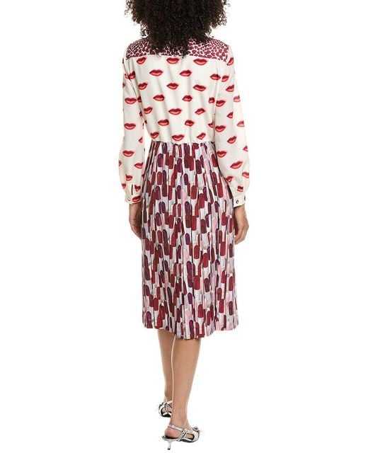 Prada Red Belted Pleated Printed Crepe De Chine Midi Dess