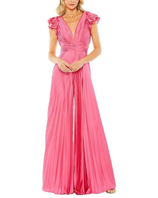Mac Duggal Pink Ruffle Cap Sleeve Cutout Heat Pleated Jumpsuit