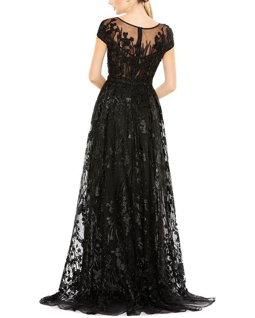 Mac Duggal Black Embellished Floral Cap Sleeve A-Line Gown