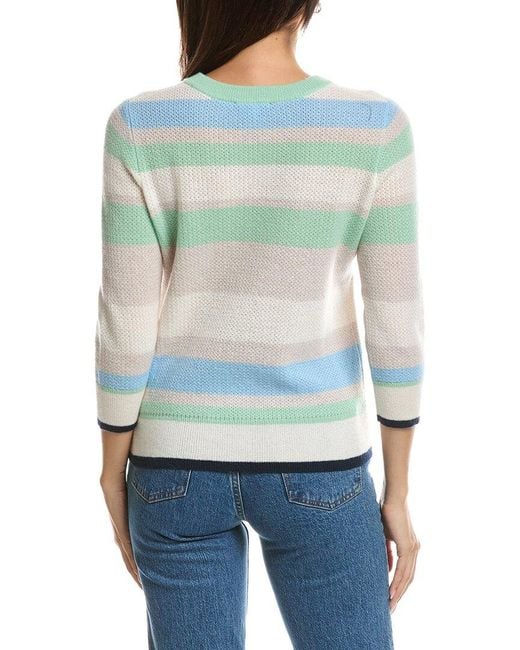 Forte Blue 3/4-Sleeve Openwork Stripe Crewneck Cashmere Sweater