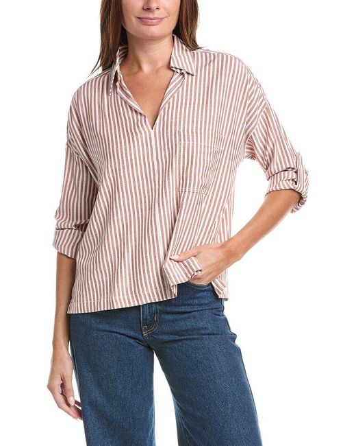Max Studio Blue Tab Sleeve Woven V-Neck Shirt