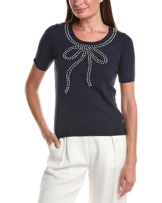 Tahari Blue Bow Embellished Pullover