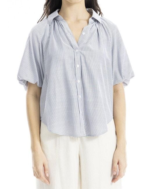 Max Studio Blue Bubble Sleeve Button Front Shirt