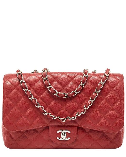 Chanel Red Quilted Caviar Leather Jumbo Classic Single Double Flap Bag (Authentic Pre-Owned)
