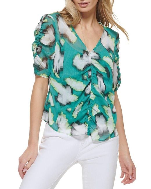 DKNY Green Printed Ruched Front Top