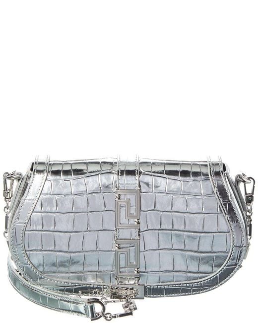 Versace Gray Croc-Embossed Leather Shoulder Bag