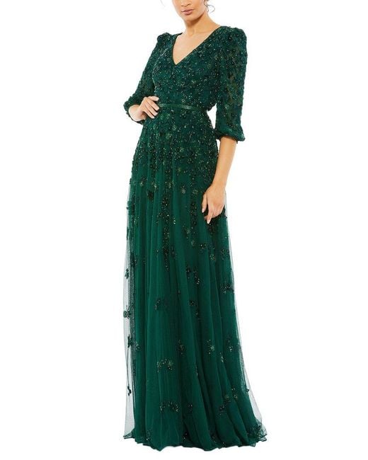 Mac Duggal Green Embellished V Neck 3/4 Sleeve A Line Gown