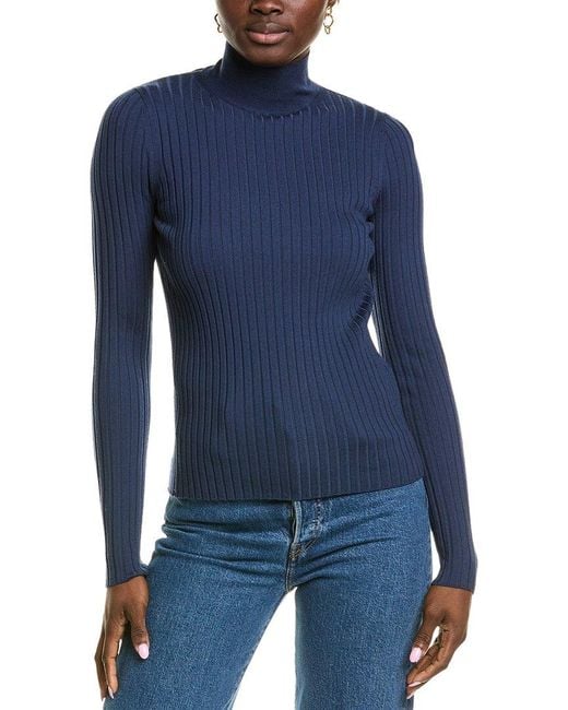 Lafayette 148 New York Blue Wool Ribbed Split Stand Collar Sweater