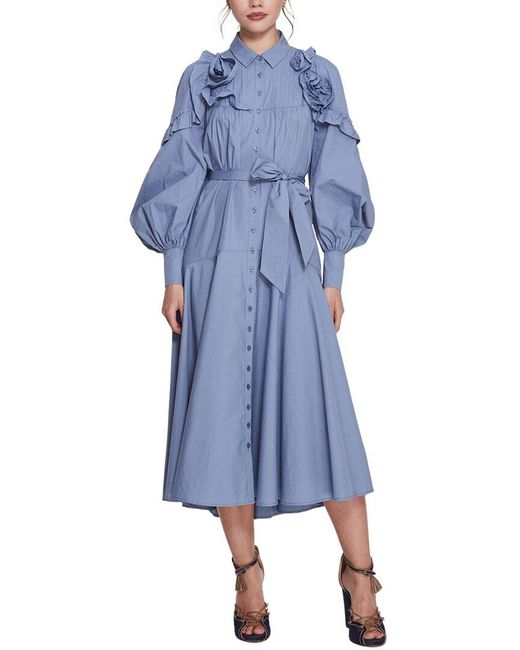 Marchesa Blue Rosette Ruffle Midi Dress