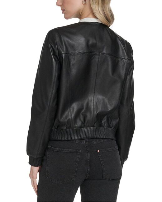 Cole Haan Black Collarless Leather Bomber Jacket