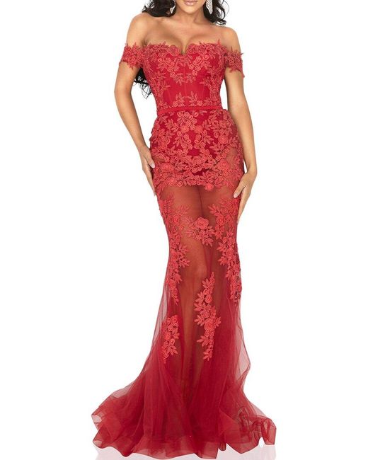 Terani Red Sheer Mermaid Evening Gown