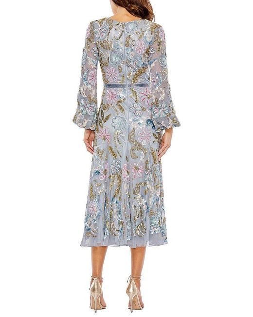Mac Duggal Gray Long Cuff Sleeve Embellished Midi Dress
