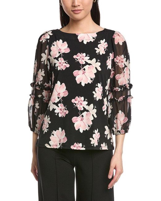Anne Klein Black Ruffle Puff Sleeve Top