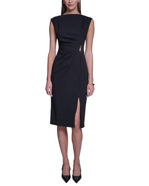 Halston Heritage Blue Sleeveless Bodycon Midi Dress With Hardware