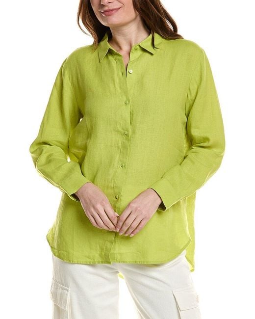 Eileen Fisher Green Classic Collar Linen Long Shirt