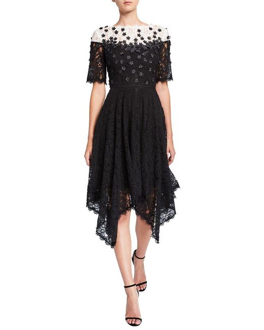 Shani Black Floral Appliqué Lace Handkerchief Dress