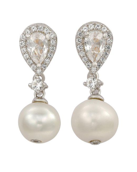 Suzy Levian Silver Created White Sapphire & 8mm Pearl Halo Dangle Earring