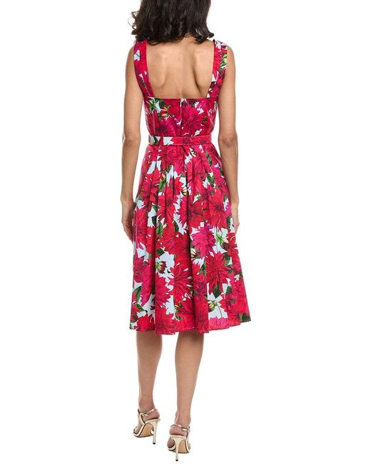Oscar de la Renta Red Square Neck Dahlia Poplin Dress