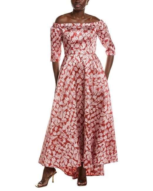 Rene Ruiz Red Off-Shoulder High-Low Hem Floral A-Line Dress