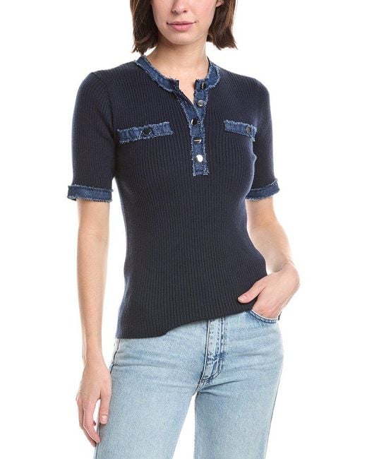 Tahari Blue Elbow Sleeve Denim Placket Top
