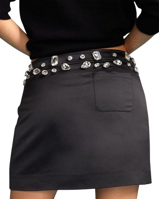 Cynthia Rowley Black Satin Skirt Gem Stones Skirt