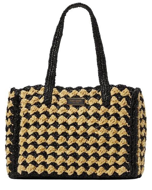 Kate Spade Black High Tide Striped Crochet Raffia Medium Tote