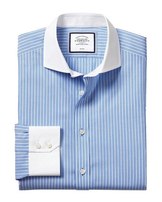 Charles Tyrwhitt Blue Non-iron Winchester Stripe Cutaway Slim Fit Shirt for men
