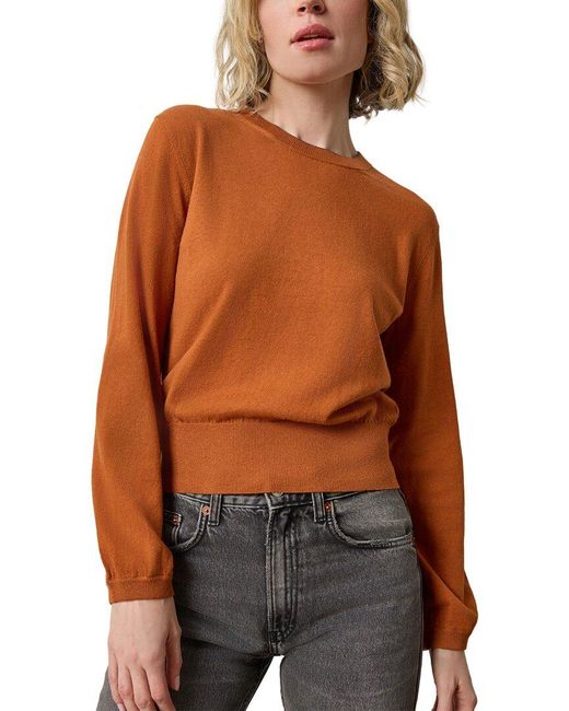 Lilla P Brown Shirred Sleeve Crewneck Linen-Blend Sweater