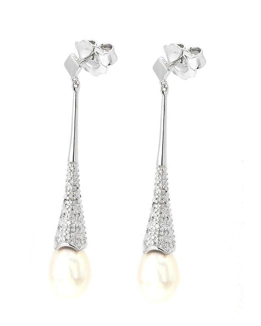 Gemstones White 0.10 Ct. Tw. Diamond & 6.5-7.5Mm Pearl Earrings