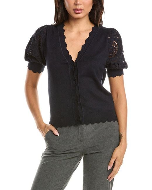 Tahari Black Elbow Crochet Scallop Edge Top