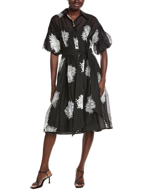 Gracia Black Floral Embroidered Puffed Sleeve Shirtdress