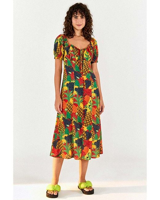 Farm Rio White Fruit Salad Midi Dress