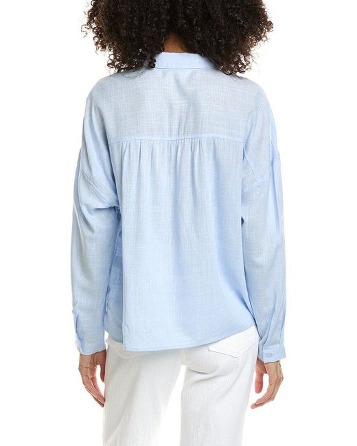 Max Studio Blue Shirred Yoke Linen-Blend Shirt