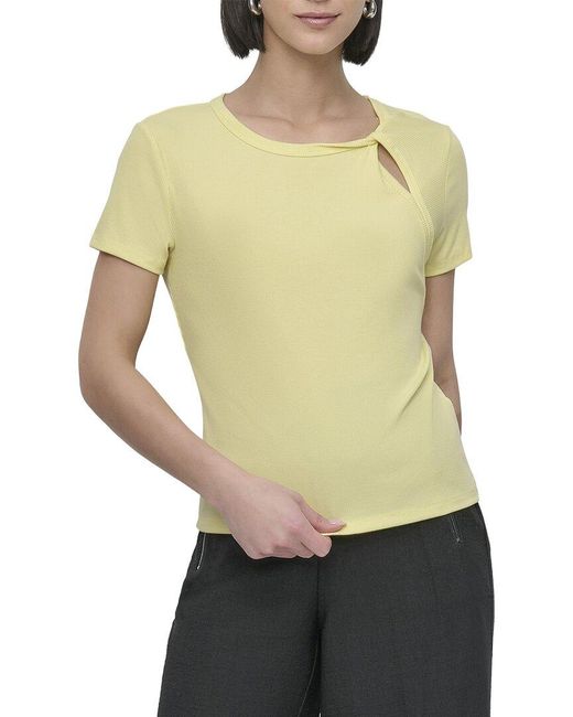 DKNY Yellow Twist Neck Rib Knit Top