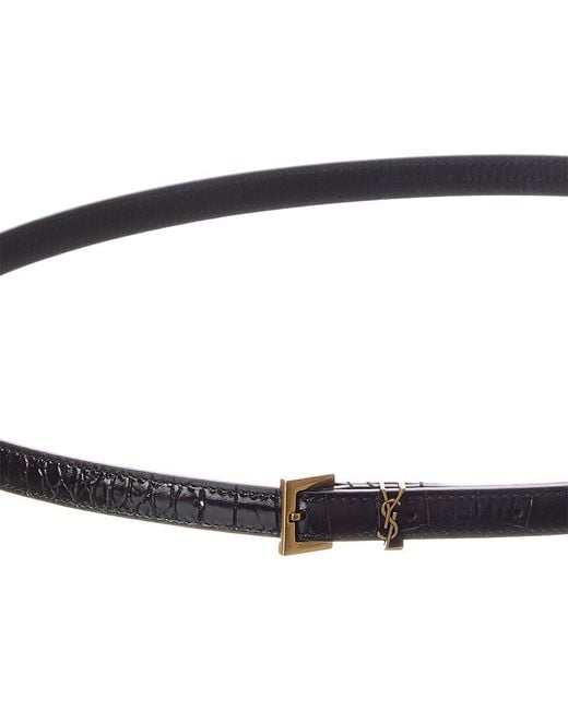 Saint Laurent White Cassandre Thin Croc-Embossed Leather Belt