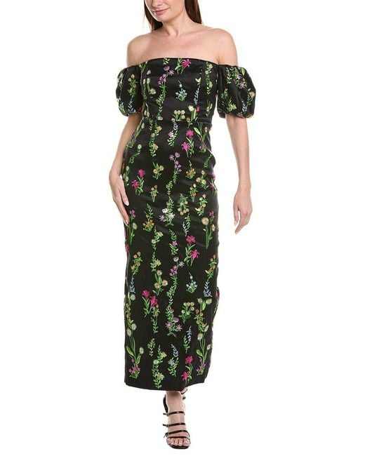 MILLY Green Nira Bloom Embroidery Off The Shoulder Maxi Dress