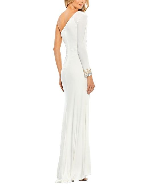 Mac Duggal White One Sleeve Beaded Cuff Side Twist Gown