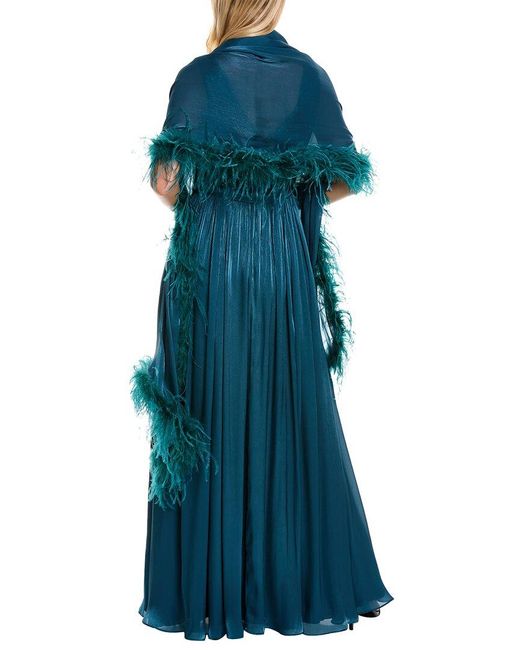 Badgley Mischka Blue Feather Wrap Gown