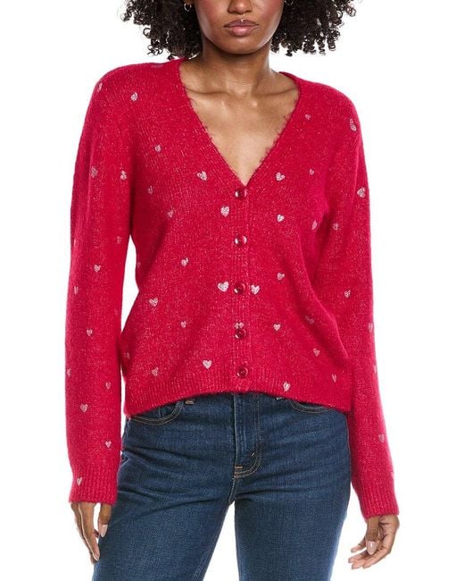 Cece Red Foil Heart Wool-Blend Cardigan