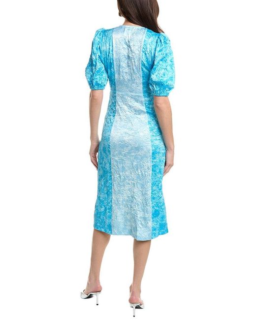 Ganni Blue Crinkled Satin Midi Dress