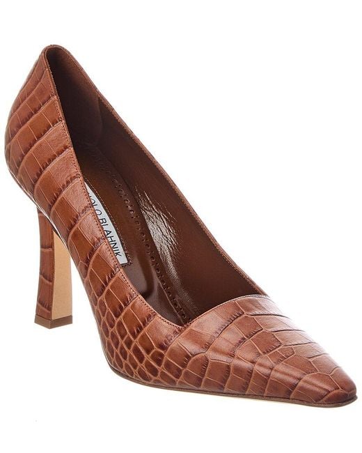 Manolo Blahnik Brown Moira 105 Croc-Embossed Leather Pump
