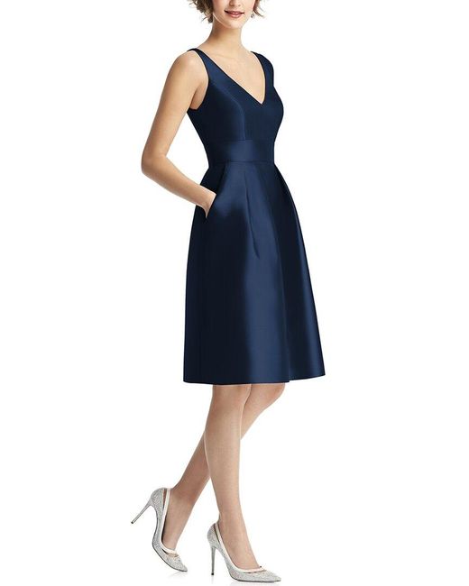 Alfred Sung Blue V-neck Pleated Skirt Cocktail Dress