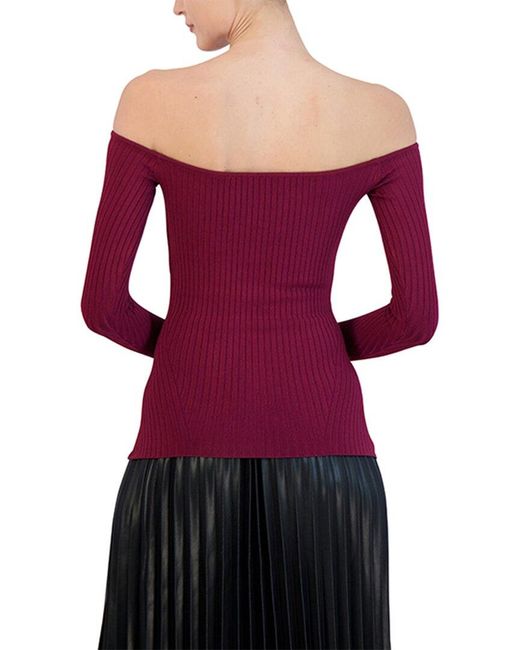 BCBGMAXAZRIA Purple Ribbed Off-Shoulder Pullover Sweater