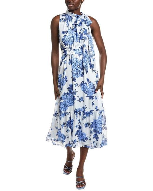 Anne Klein Blue Tied Mock Neck Tiered Midi Dress