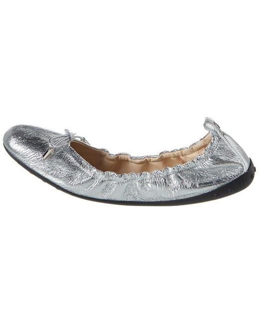 Tod's White Gommino Metallic Leather Ballerina Flat