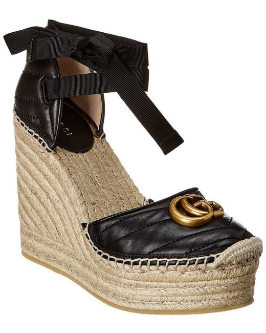 Gucci Black Gg Leather Platform Wedge Espadrille