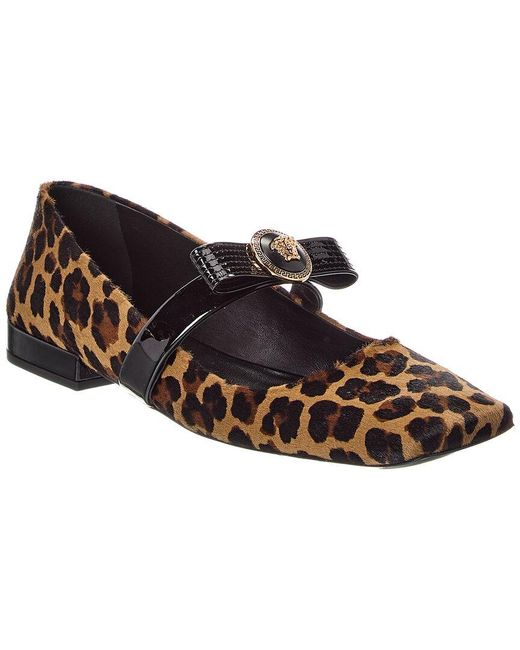Versace Brown Ribbon Haircalf & Patent Ballerina Flat